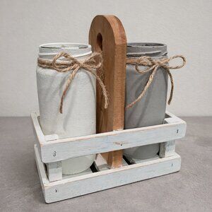 Farmhouse Wood Crate Caddy with Glass Jar Vases | Rustic Neutral Home Decor